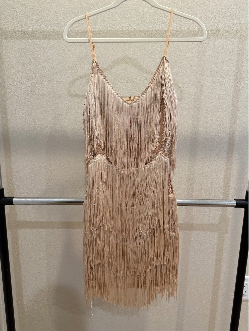 Lulus Medium Beige Fringe Sequin Party Dress with Spaghetti Straps